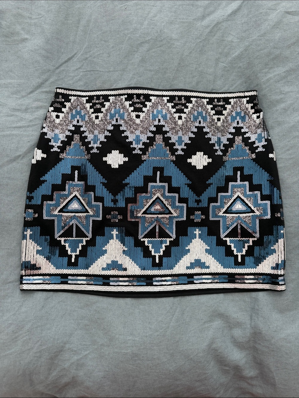 Express Black & Blue Beaded Tribal Mini Skirt